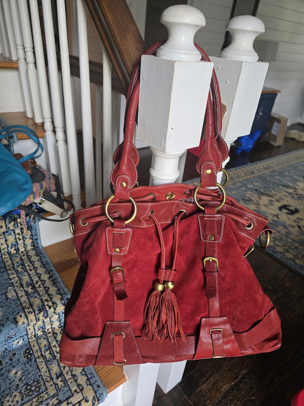 Red Suede Drawstring Tote Bag with Tassel